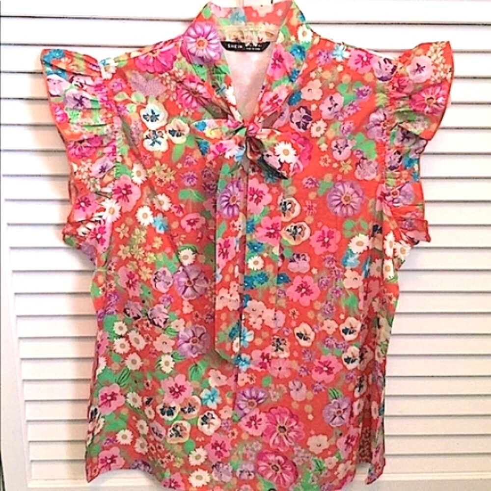 🌸NWOT Orange Floral Silk Bow Tie Ruffle Top (M)🌸